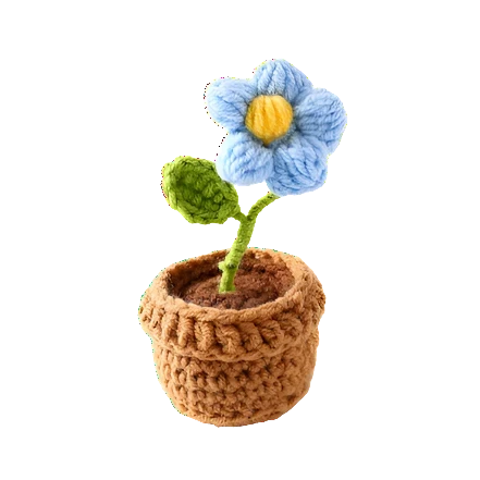 Suzie's Sunshine Dolls blue crochet flower with yellow center in a brown pot with green leaf.