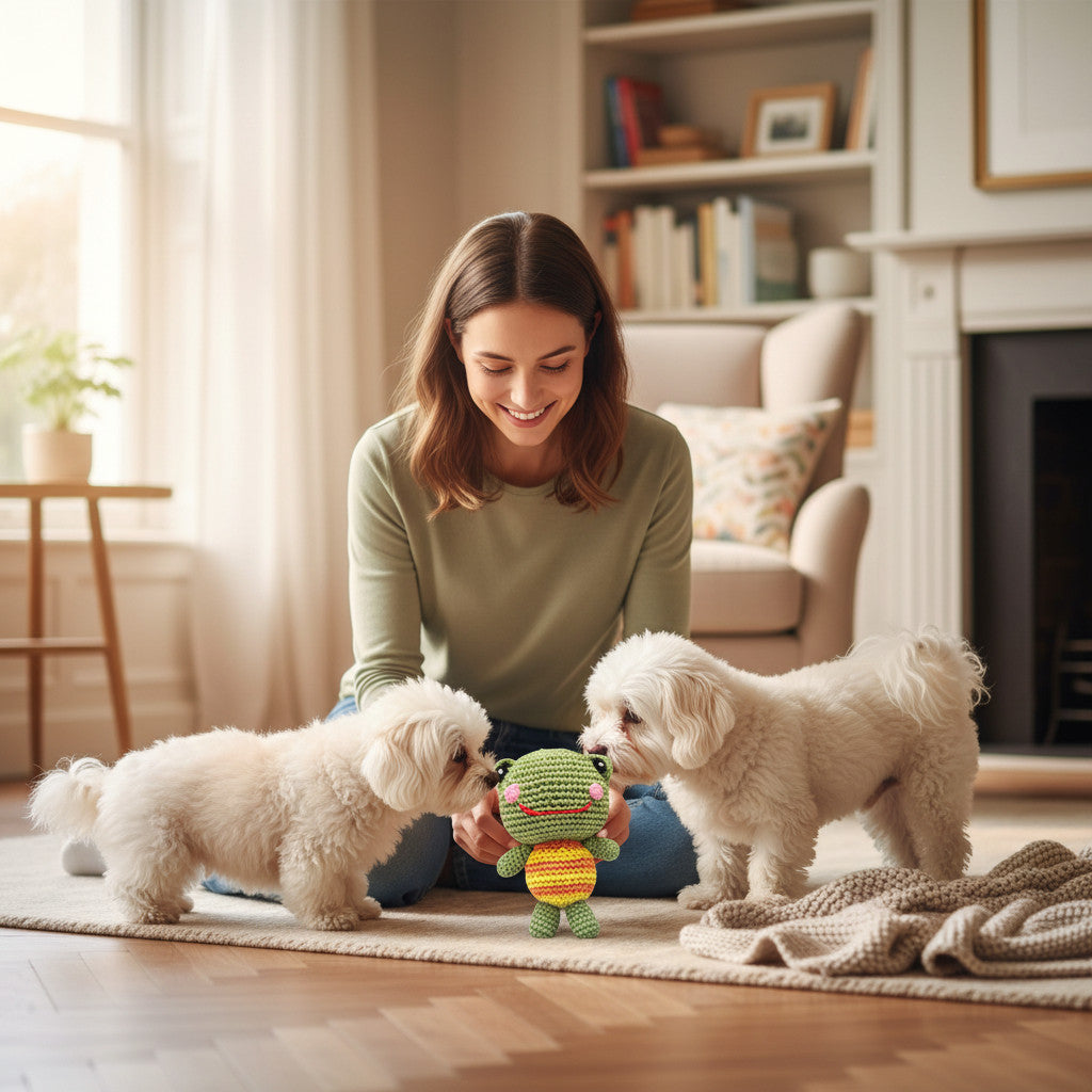 Suzie's Sunshine Dolls green crochet frog dog toy with striped yellow and orange belly and pink cheeks.