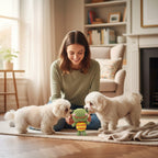 Suzie's Sunshine Dolls green crochet frog dog toy with striped yellow and orange belly and pink cheeks.