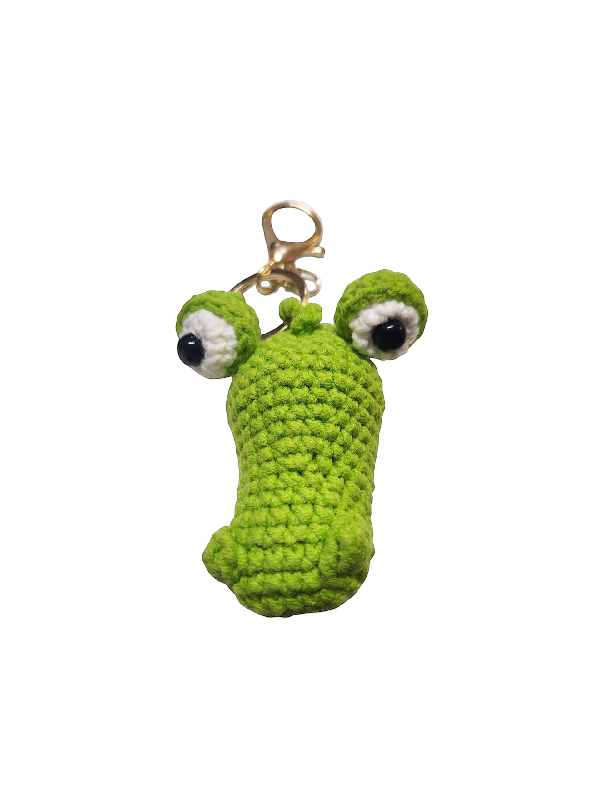 Suzie's Sunshine Dolls green crochet frog keychain with big eyes and a secure metal clasp.