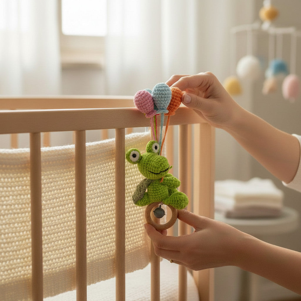 Suzie's Sunshine Dolls Kitty the Croc pram toy, hand-crocheted green frog with pastel balloons and wooden rattle clip.