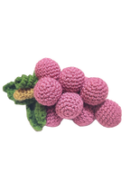 Suzie's Sunshine Dolls pink crochet grapes with green leaves and a hint of yellow detail. Handmade cotton yarn.