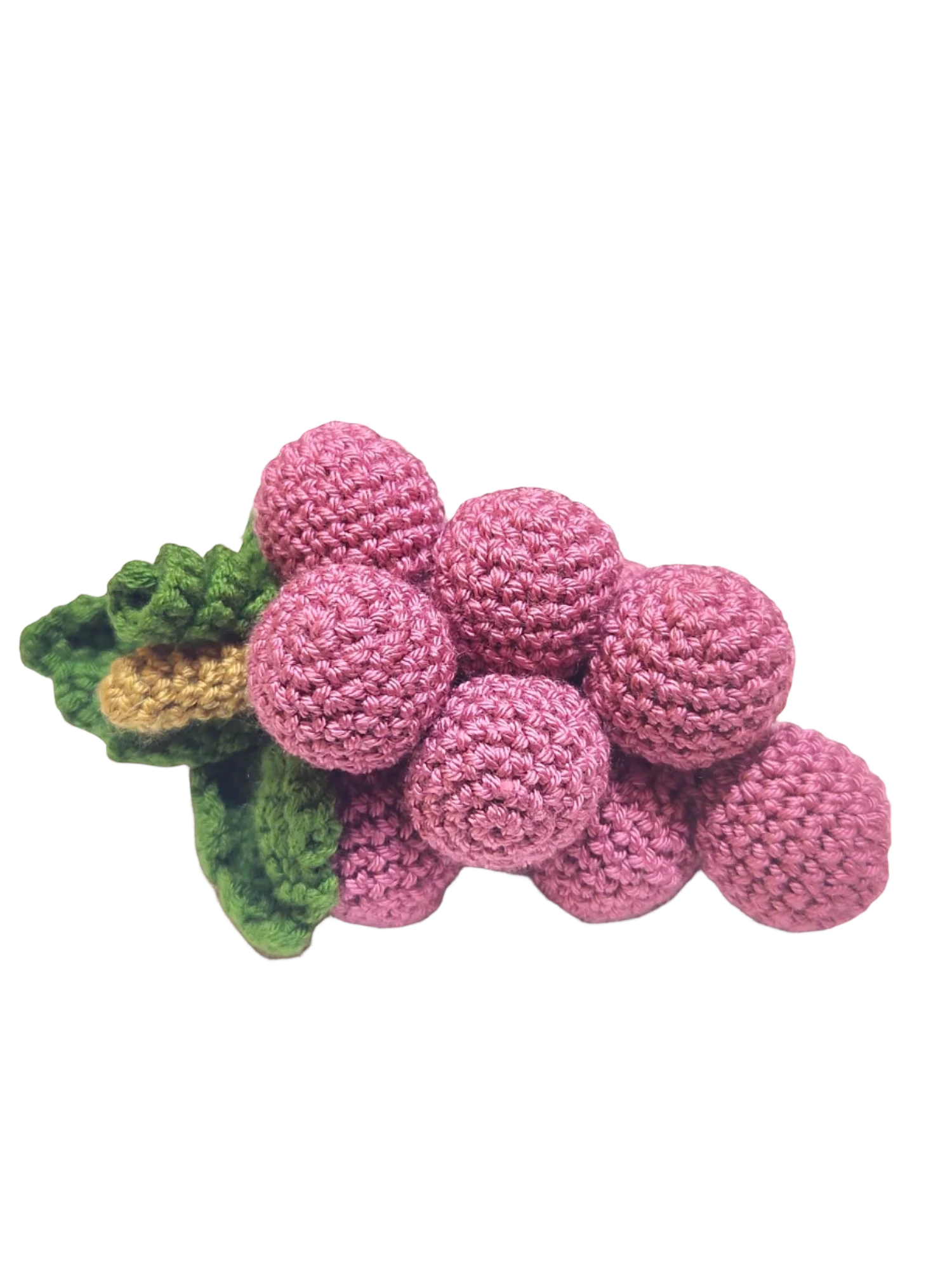 Suzie's Sunshine Dolls pink crochet grapes with green leaves and a hint of yellow detail. Handmade cotton yarn.