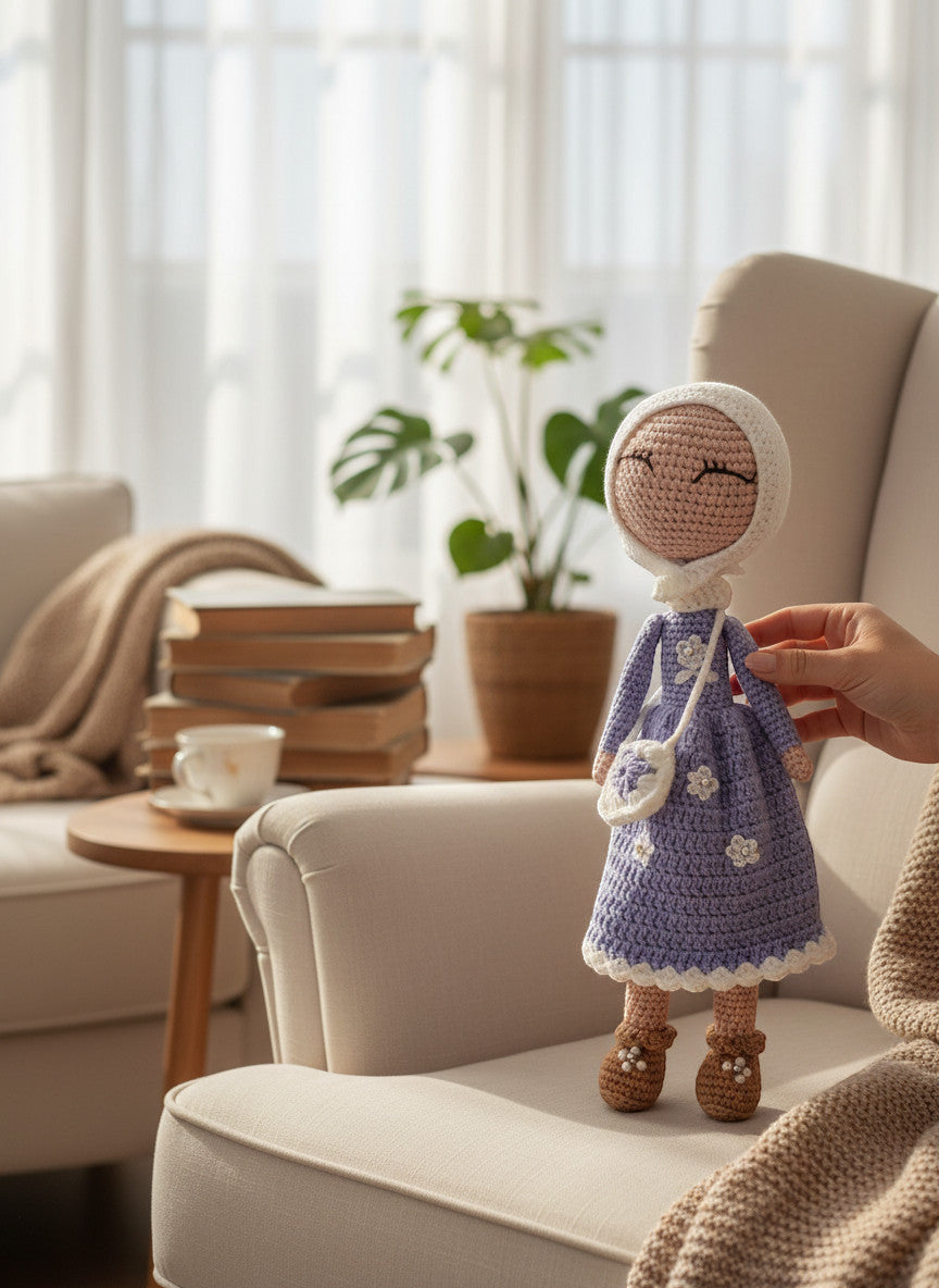 Suzie's Sunshine Dolls handmade crochet doll wearing a lilac dress and white hijab, with beaded accents and a small purse.
