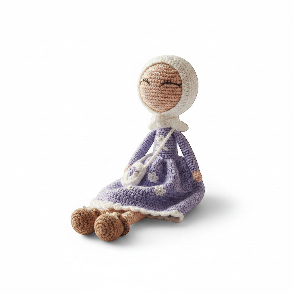Suzie's Sunshine Dolls handmade crochet doll wearing a purple dress and white hijab, with a small white purse.