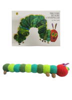 Suzie's Sunshine Dolls crochet Very Hungry Caterpillar toy, green, blue, red, and purple yarn, inspired by Eric Carle book.