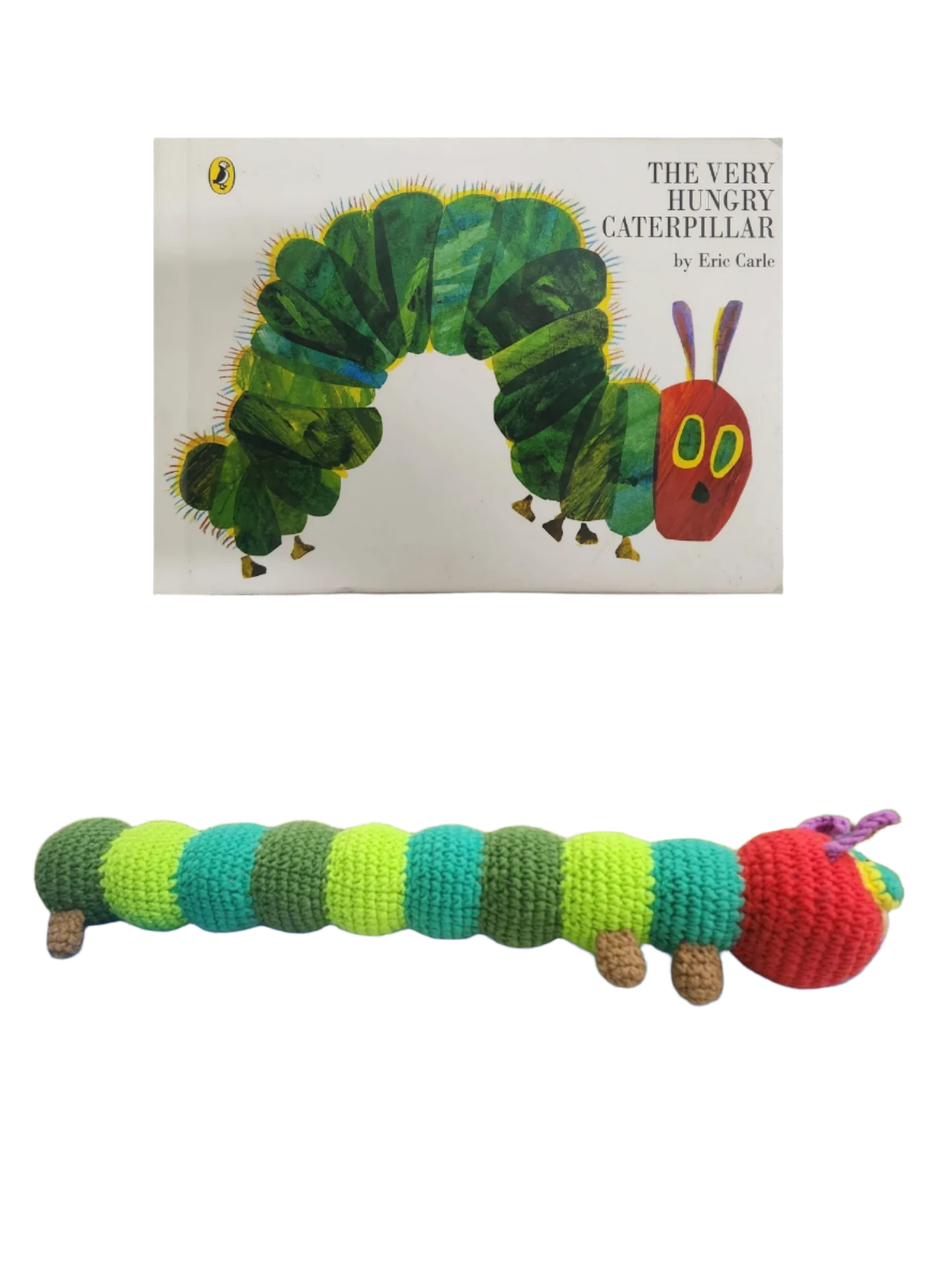 Suzie's Sunshine Dolls crochet Very Hungry Caterpillar toy, green, blue, red, and purple yarn, inspired by Eric Carle book.