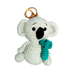 Suzie's Sunshine Dolls handmade light grey crochet koala keychain with teal scarf and gold keyring.