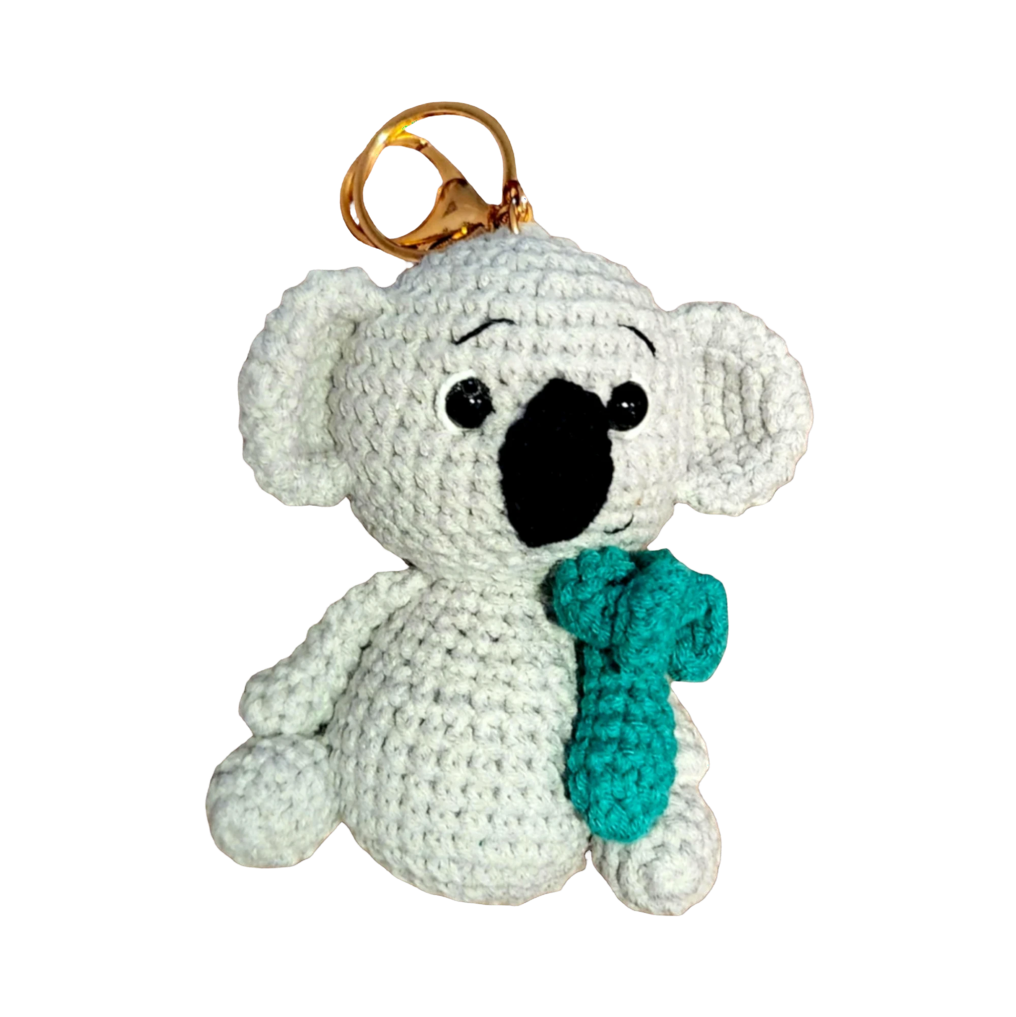 Suzie's Sunshine Dolls handmade light grey crochet koala keychain with teal scarf and gold keyring.