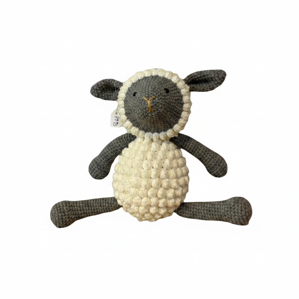 Suzie's Sunshine Dolls grey and cream crochet lamb with bobble belly and grey ears, approx 22cm tall.