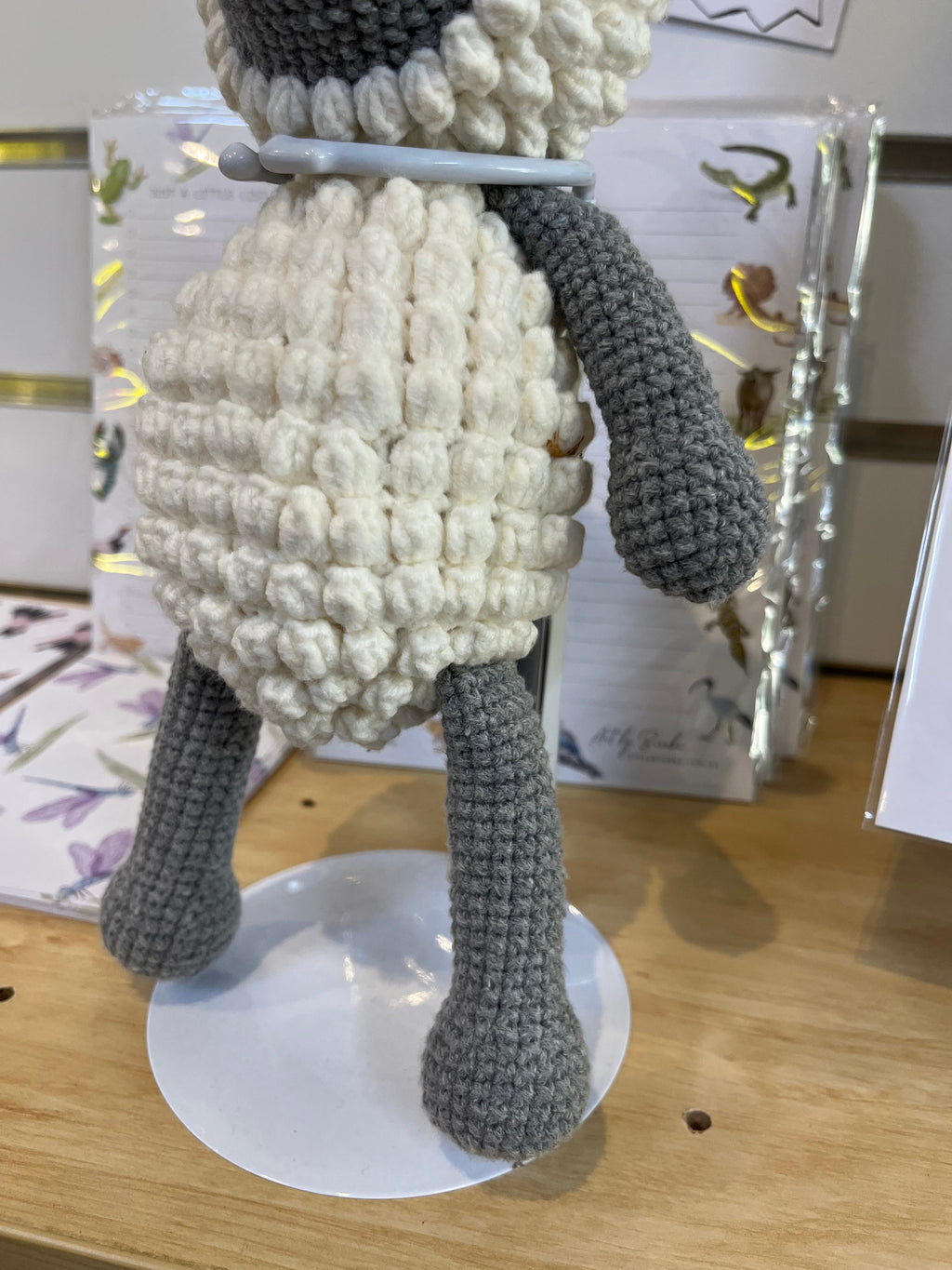 Suzie's Sunshine Dolls handmade crochet lamb with white bobble-stitched belly and grey legs and face. Approx. 22cm tall.
