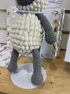 Suzie's Sunshine Dolls handmade crochet lamb with white bobble-stitched belly and grey legs and face. Approx. 22cm tall.