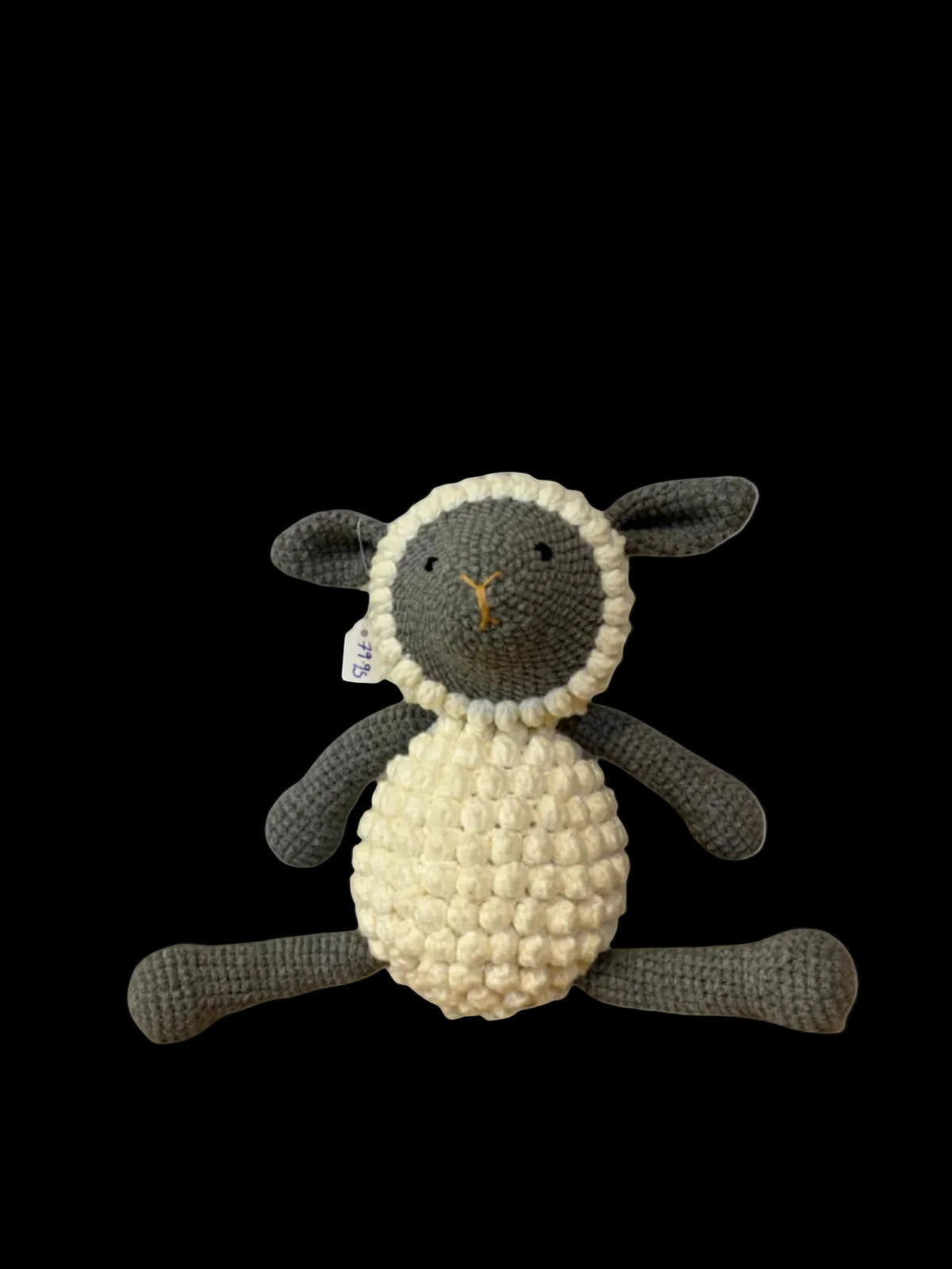 Suzie's Sunshine Dolls handmade crochet lamb toy with grey head and limbs, cream bobble-stitch body, and sweet grey face.