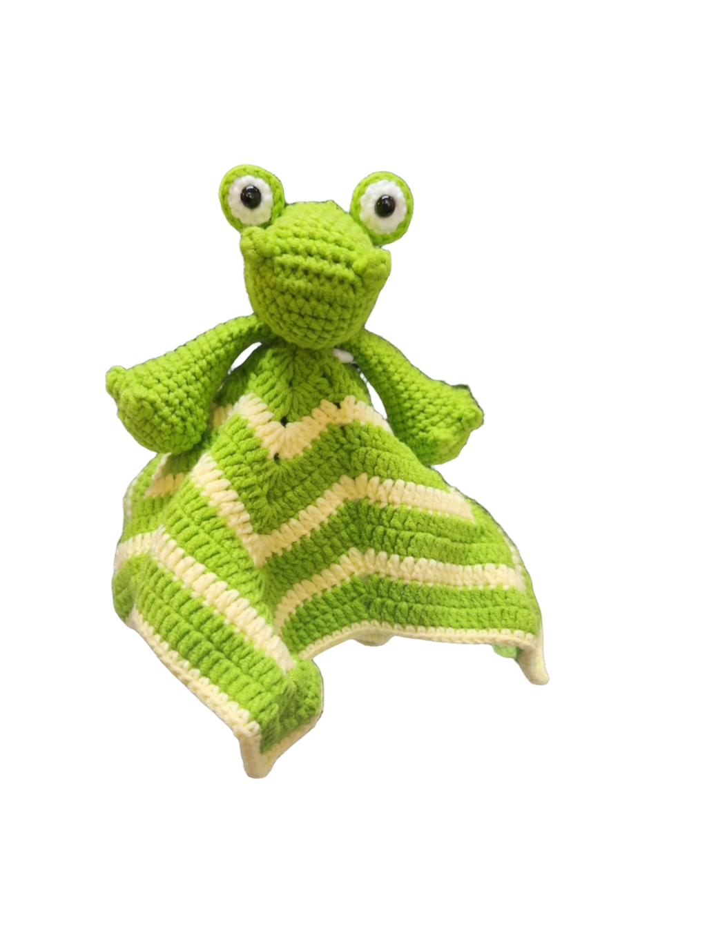 Suzie's Sunshine Dolls Kasabian the Croc lovey blanket, green and cream striped crochet with Crocodile head.