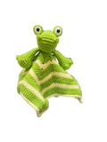 Suzie's Sunshine Dolls Kasabian the Croc lovey blanket, green and cream striped crochet with Crocodile head.