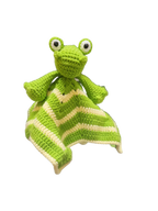 Suzie's Sunshine Dolls Kasabian the Croc lovey blanket, green and cream striped crochet with Crocodile head.