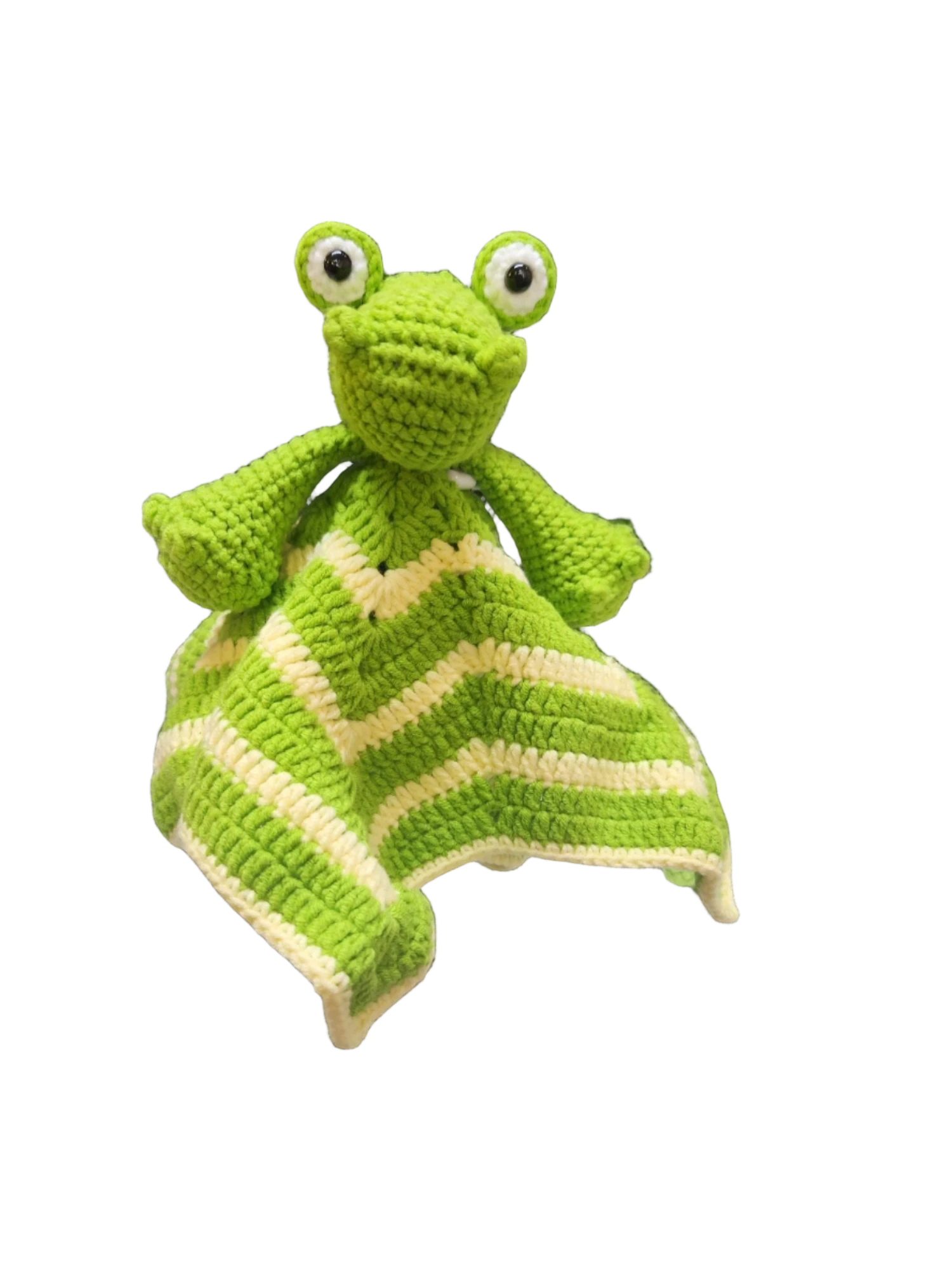 Suzie's Sunshine Dolls Kasabian the Croc lovey blanket, green and cream striped crochet with Crocodile head.
