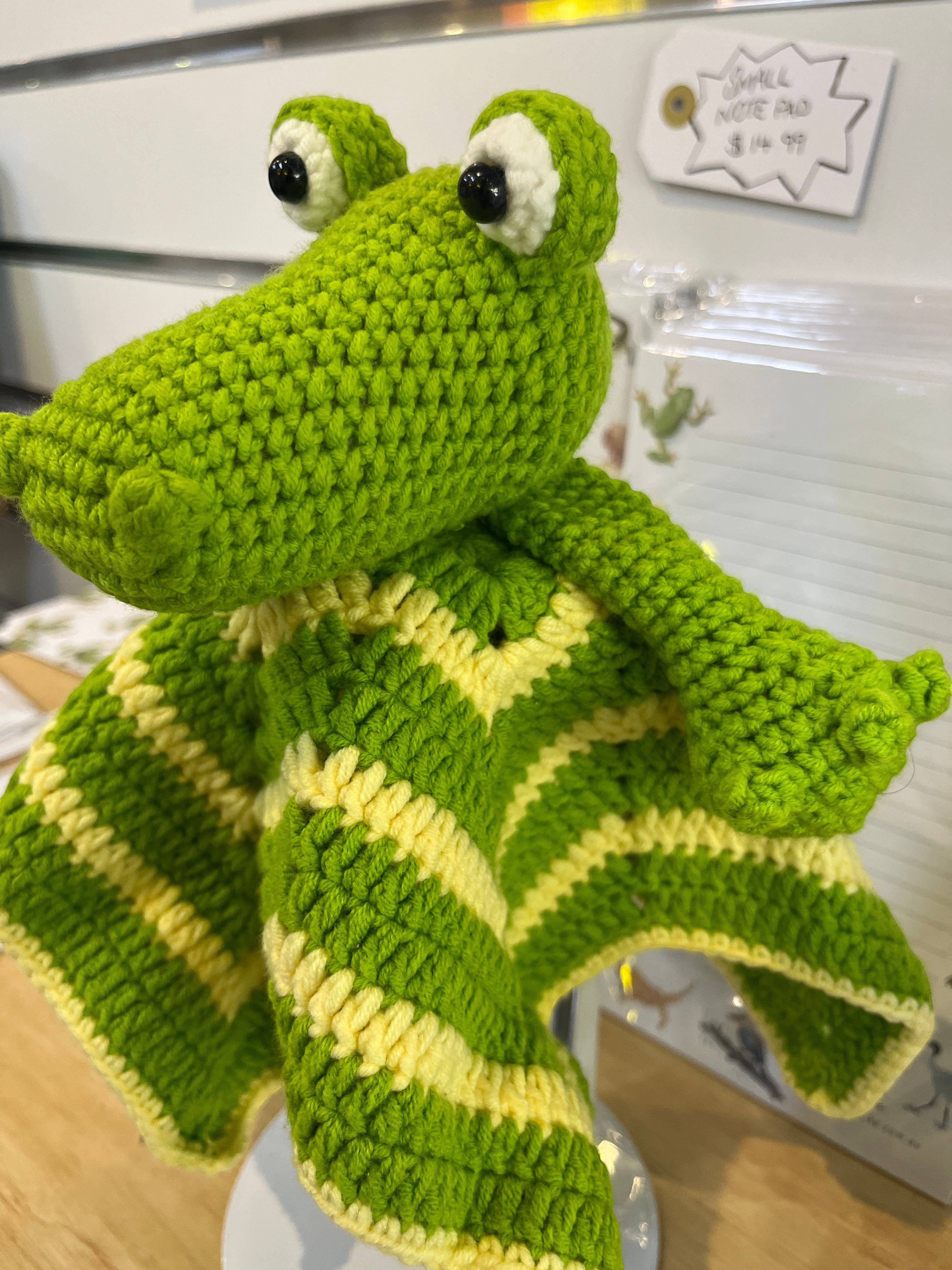 Suzie's Sunshine Dolls Kasabian the Croc lovey blanket, green and cream striped crochet, 25x25cm