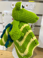 Suzie's Sunshine Dolls Kasabian the Croc lovey blanket, green and cream crochet with teal accents.