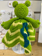 Suzie's Sunshine Dolls Kasabian the Croc lovey blanket, green and cream striped crochet with teal accents. Handmade cotton.