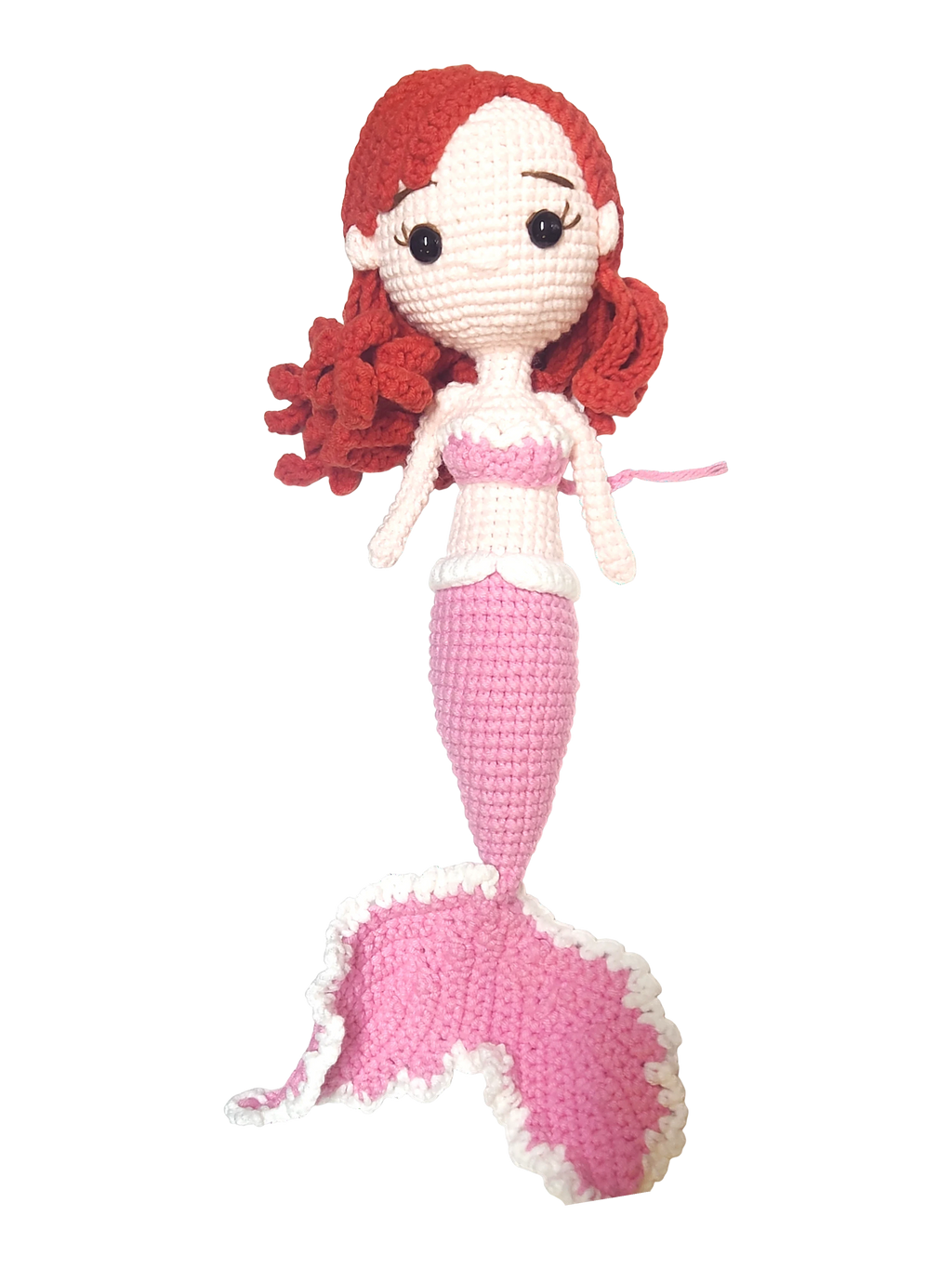 Suzie's Sunshine Dolls handmade pink crochet mermaid doll with red yarn hair and white trim tail.