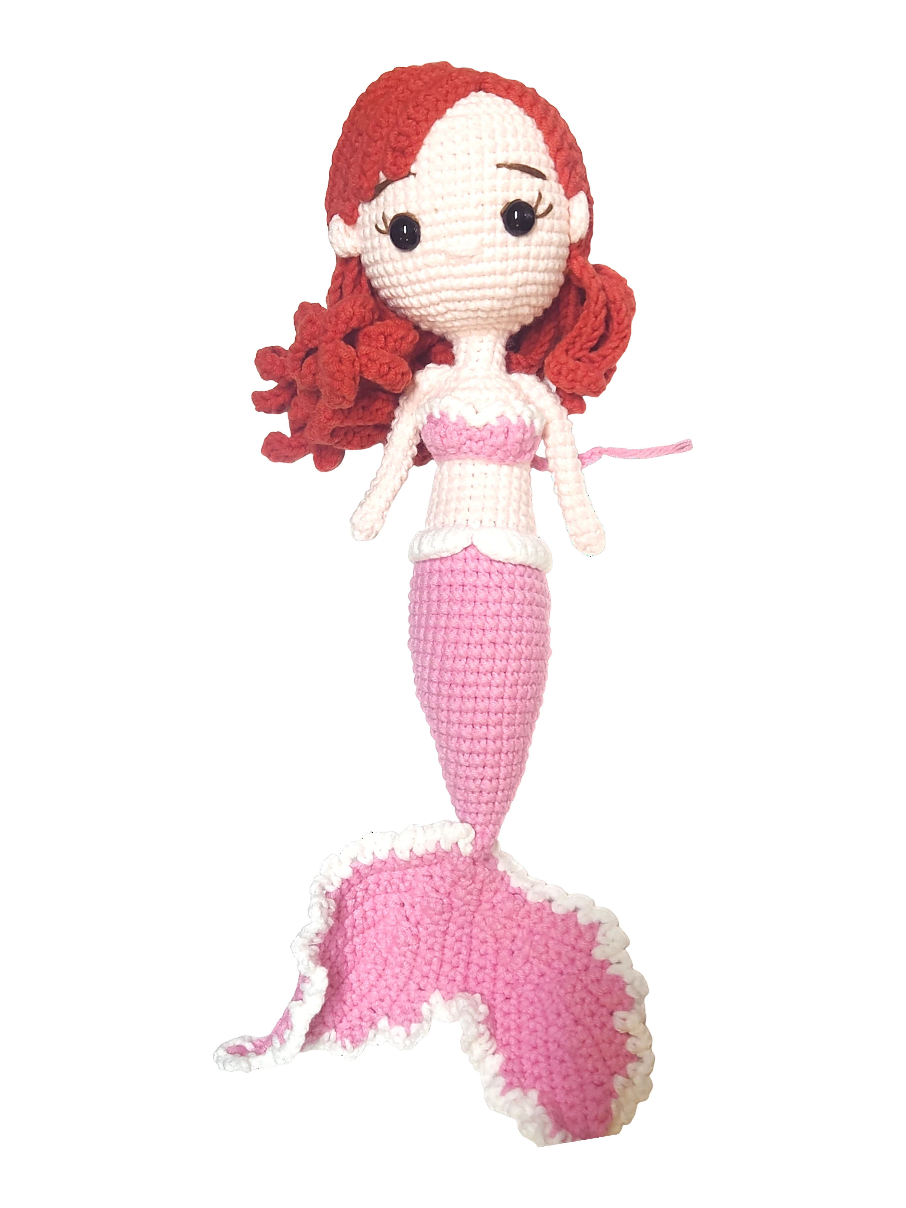 Suzie's Sunshine Dolls handmade pink crochet mermaid doll with red yarn hair and white trim tail.