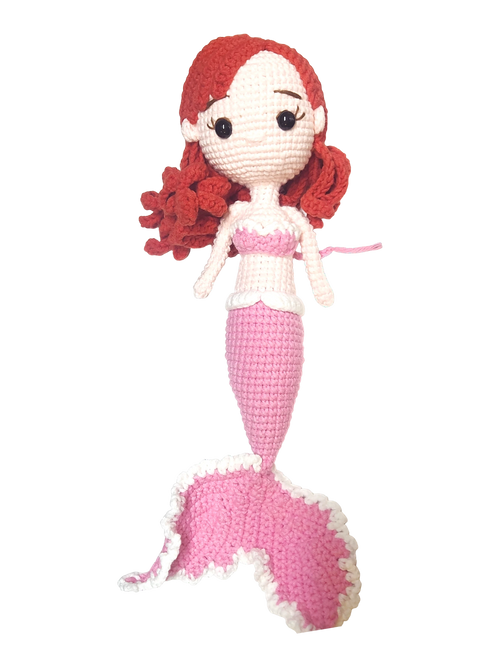Suzie's Sunshine Dolls handmade pink crochet mermaid doll with red yarn hair and white trim tail.