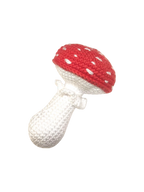Suzie's Sunshine Dolls red and white crochet mushroom toy with white stem. Hand-stitched cotton yarn.