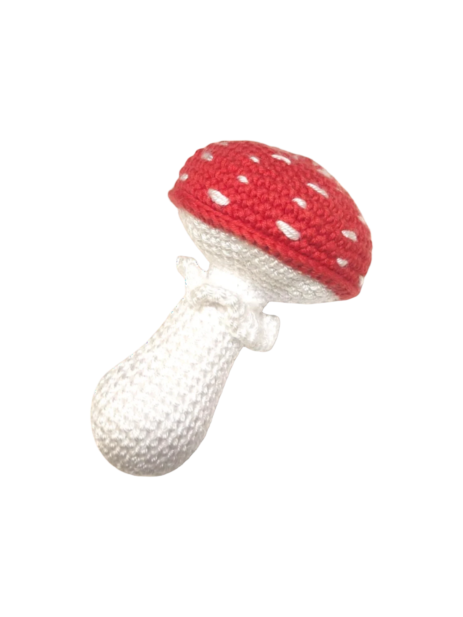 Suzie's Sunshine Dolls red and white crochet mushroom toy with white stem. Hand-stitched cotton yarn.