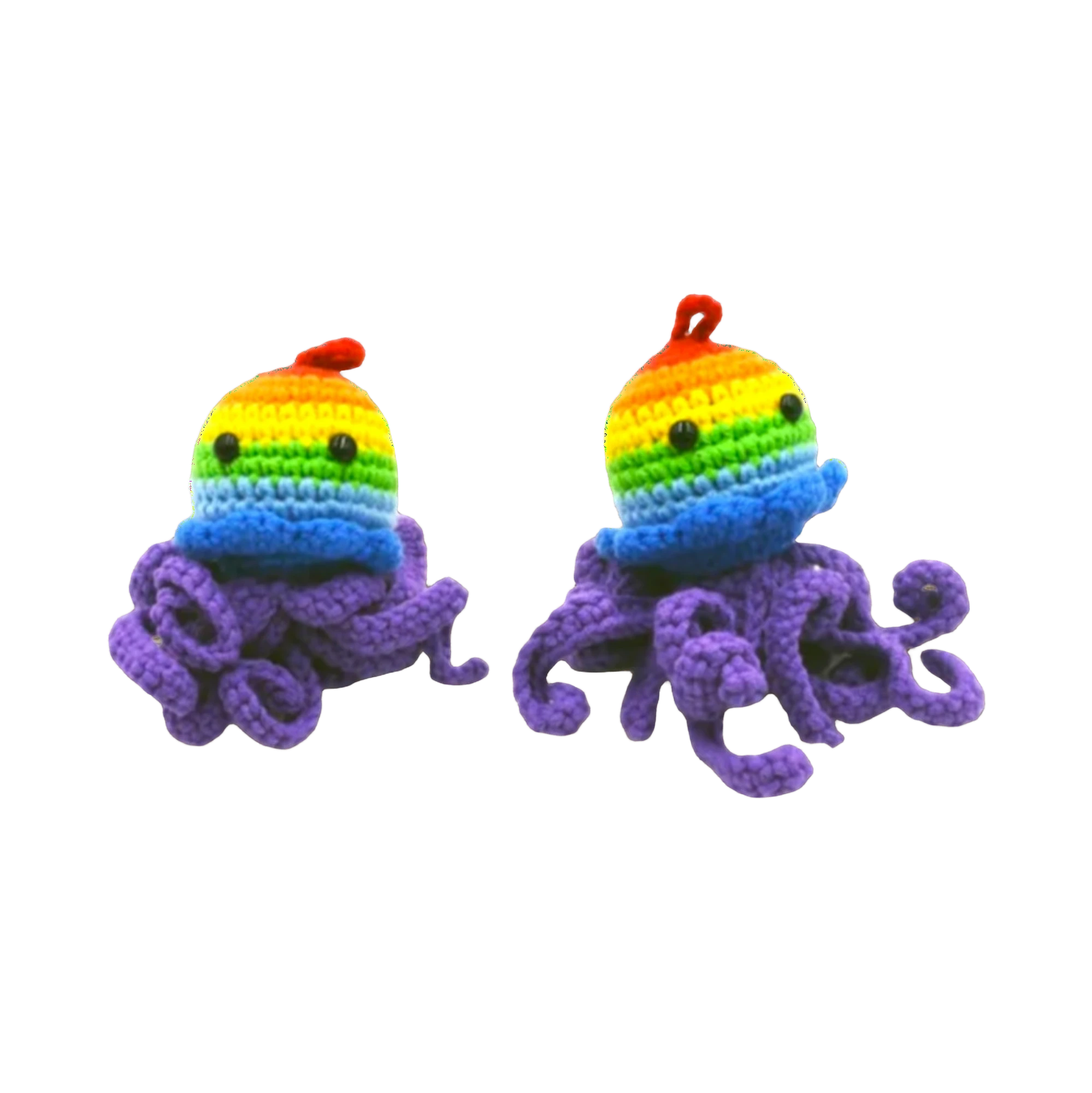 Suzie's Sunshine Dolls handmade crochet octopus keychain with rainbow head and purple tentacles.