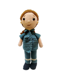 Suzie's Sunshine Dolls crochet paramedic doll in teal uniform with white stripes on legs and black boots.