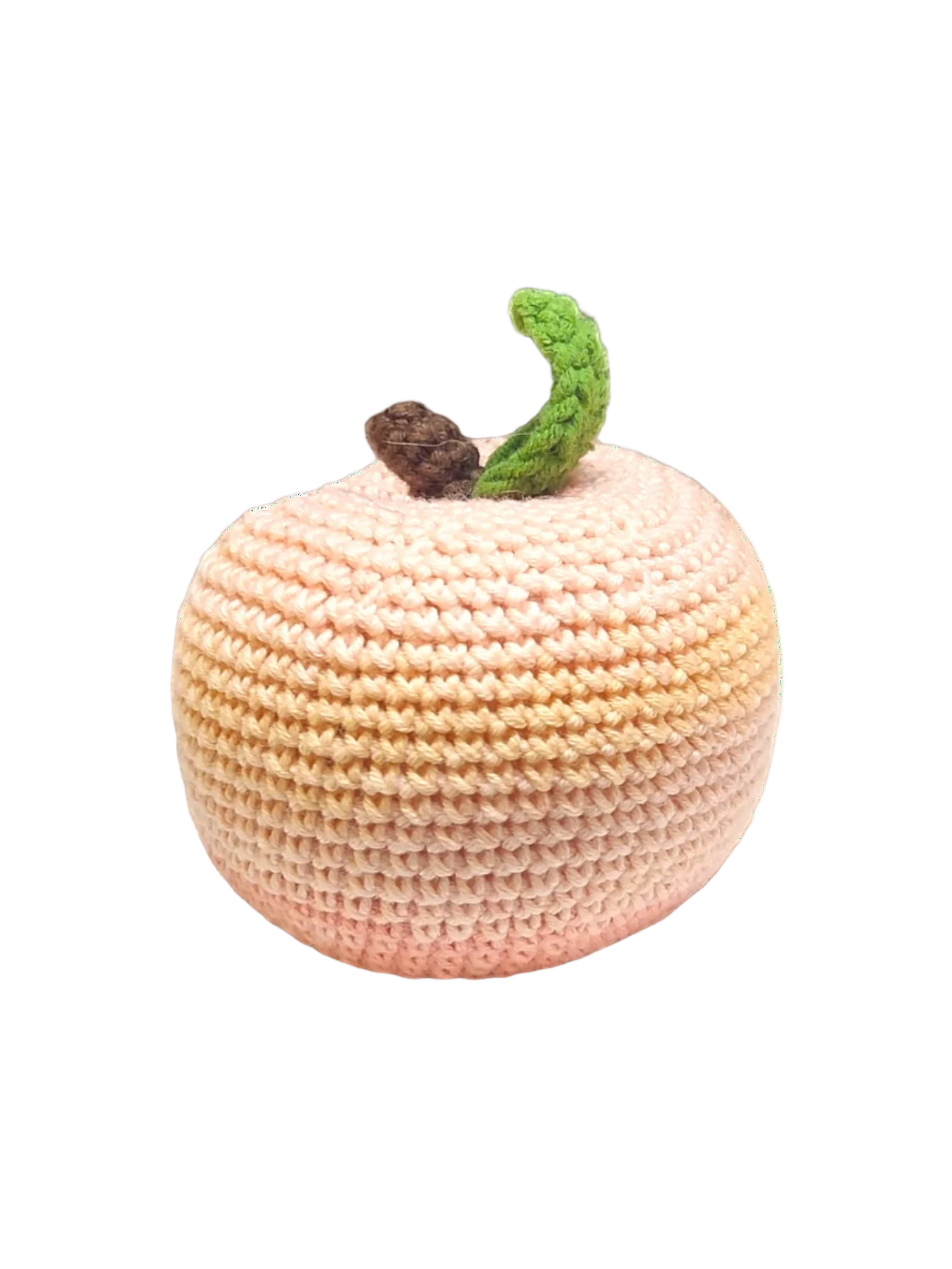 Suzie's Sunshine Dolls hand-crocheted peach toy, made from soft cotton yarn in gradient pink and orange hues.