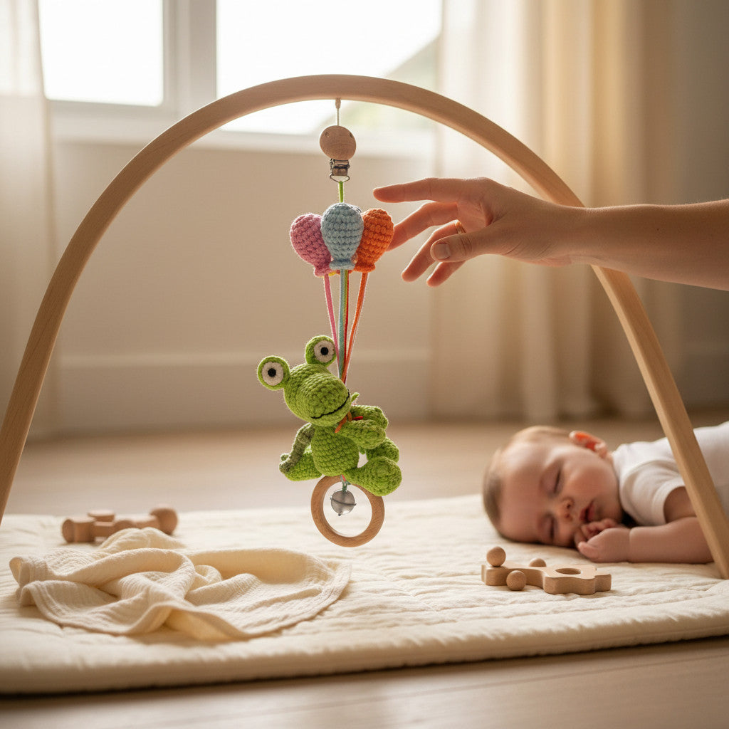 Suzie's Sunshine Dolls green crocheted Kitty the Croc pram toy with pastel balloons and wooden rattle clip.