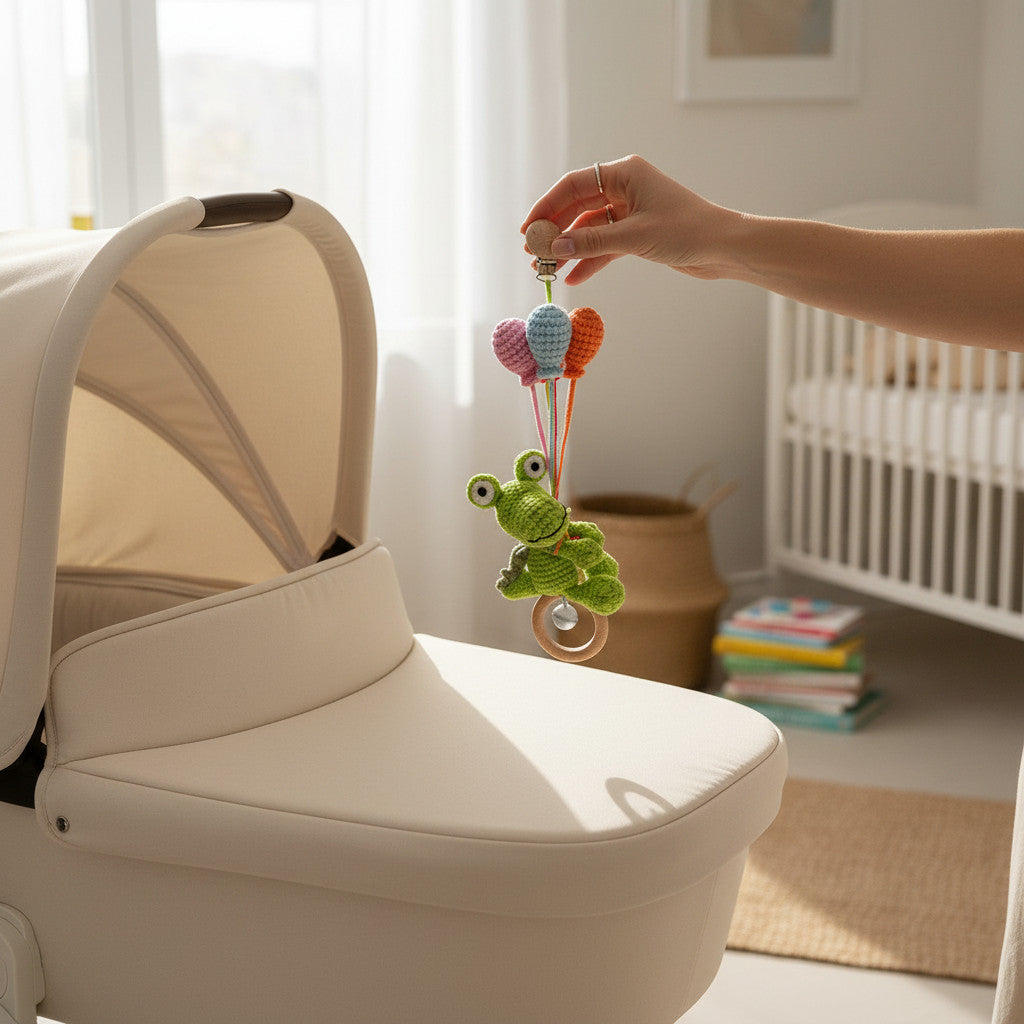 Suzie's Sunshine Dolls green crocheted Kitty the Croc pram toy with pastel balloons and wooden rattle clip.
