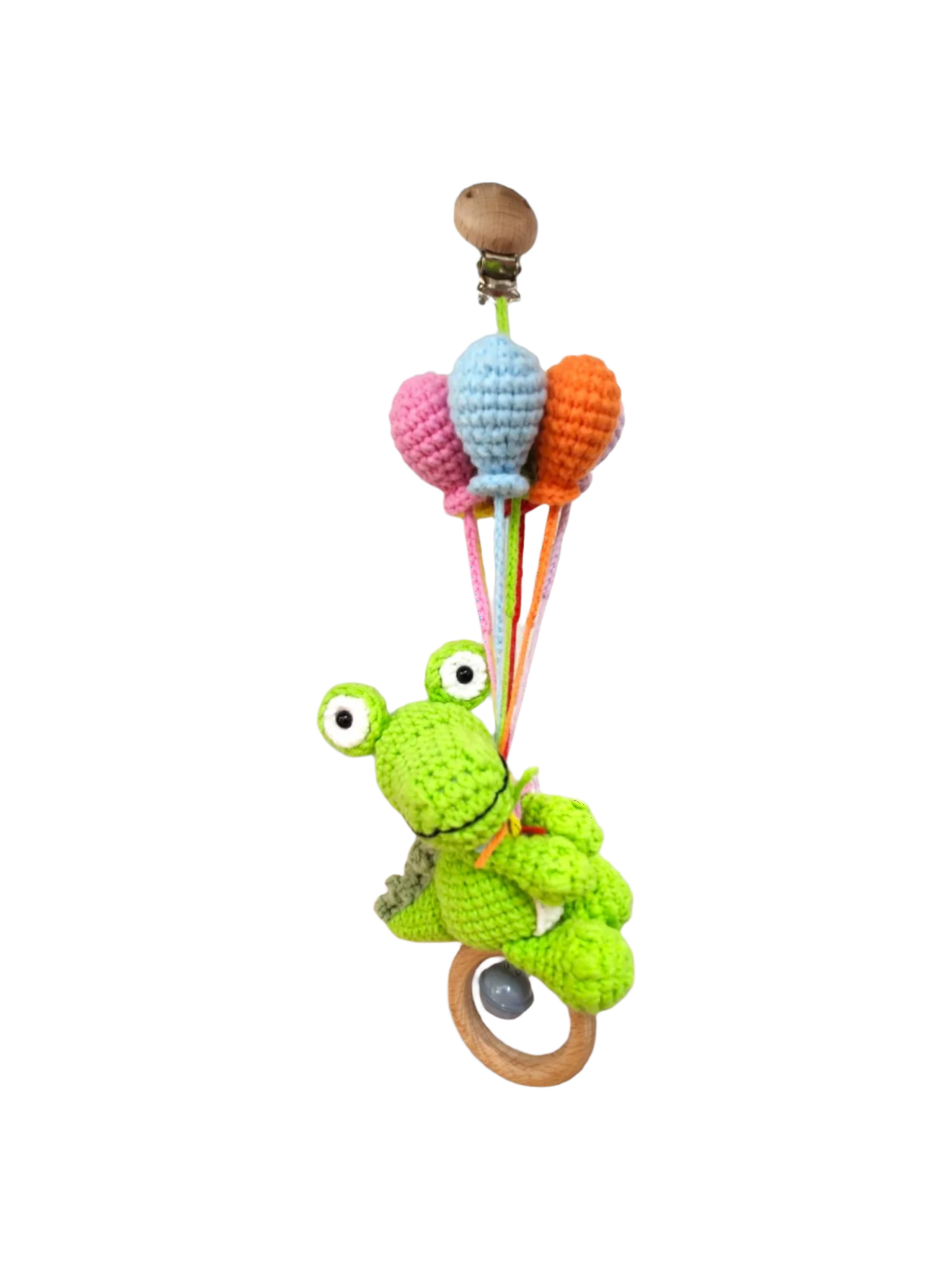 Suzie's Sunshine Dolls green crocheted Kitty the Croc pram toy with pastel balloons and wooden rattle clip.