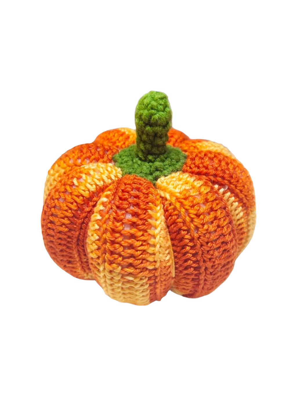 Suzie's Sunshine Dolls hand-crocheted pumpkin toy with green stem, orange and yellow variegated yarn.