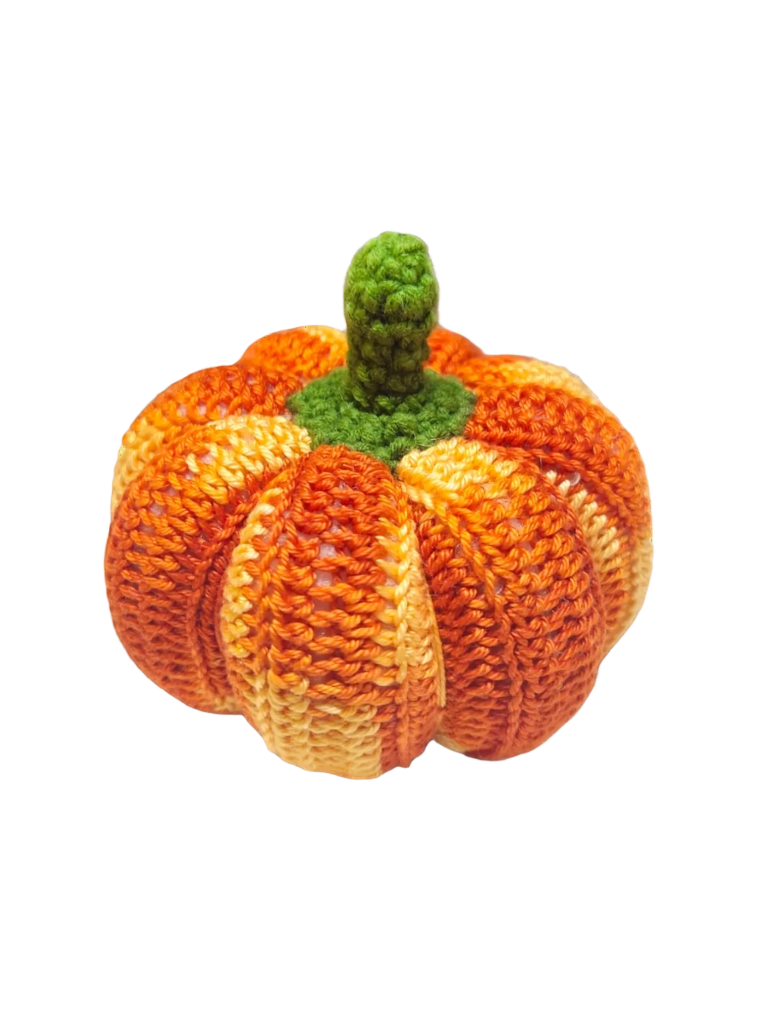 Suzie's Sunshine Dolls hand-crocheted pumpkin toy with green stem, orange and yellow variegated yarn.