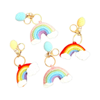 Suzie's Sunshine Dolls handmade crochet rainbow keychains with clouds, in pink, blue, yellow, and red colorways.