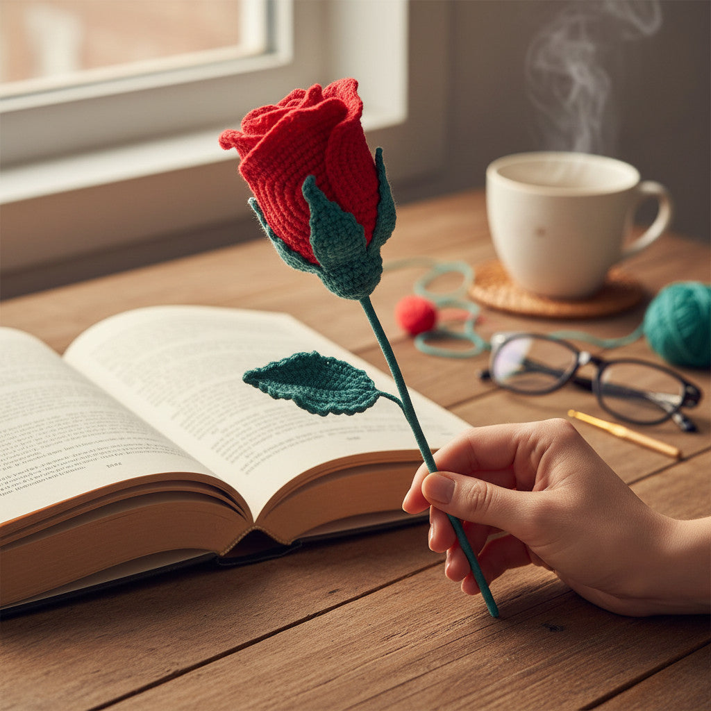 Suzie's Sunshine Dolls red crochet rose with green leaves and stem, classic long-stem style.