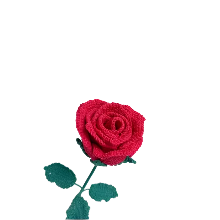 Suzie's Sunshine Dolls red crochet rose with green leaves, a timeless symbol of love and beauty.