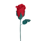 Suzie's Sunshine Dolls red crochet rose with green leaves and stem, a timeless symbol of love.