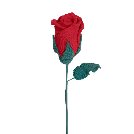 Suzie's Sunshine Dolls red crochet rose with green leaves and stem, a timeless symbol of love.