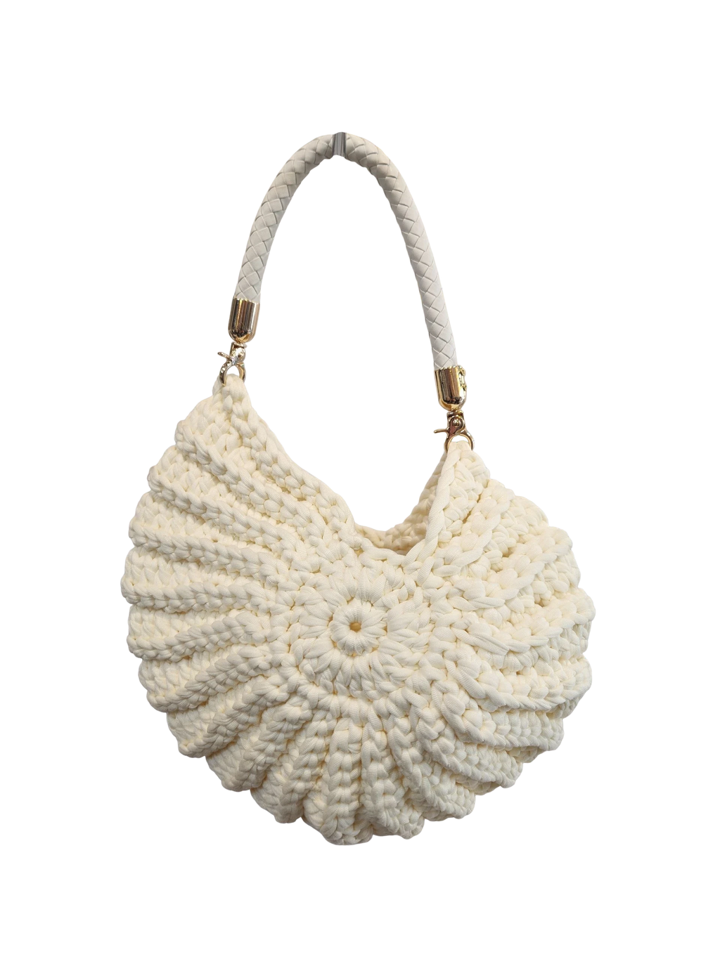 Suzie's Sunshine Dolls cream crochet shell handbag with braided faux leather strap and gold hardware.