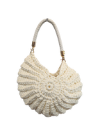 Suzie's Sunshine Dolls cream crochet shell handbag with braided faux leather strap and gold hardware.