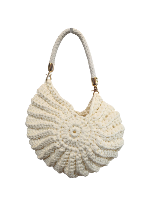 Suzie's Sunshine Dolls cream crochet shell handbag with braided faux leather strap and gold hardware.