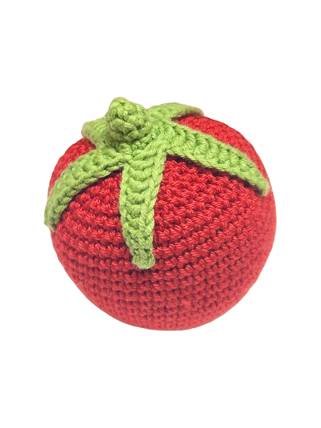 Suzie's Sunshine Dolls red crochet strawberry with green leaves, handmade cotton yarn