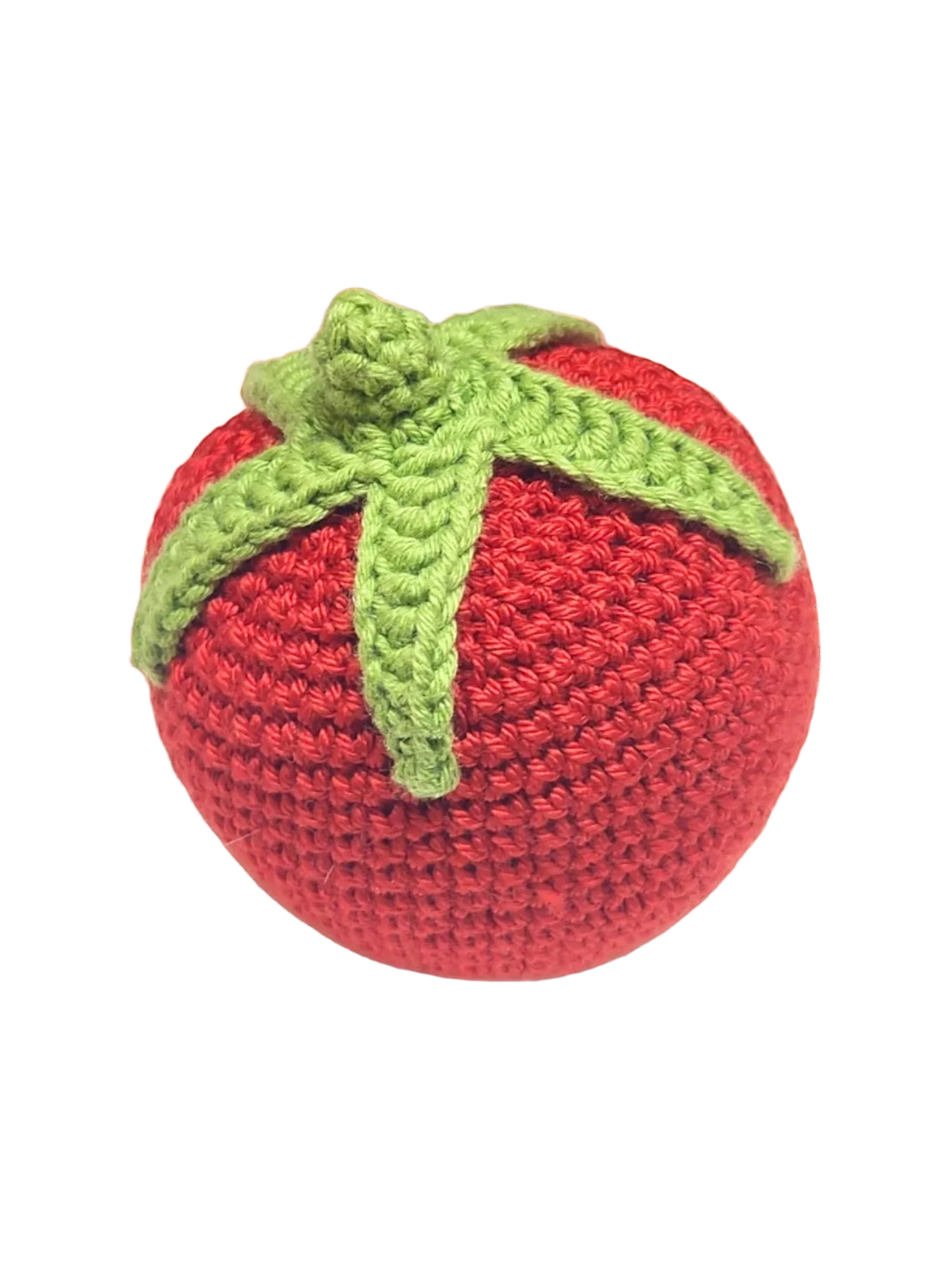 Suzie's Sunshine Dolls red crochet strawberry with green leaves, handmade cotton yarn