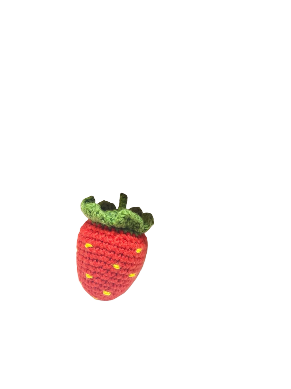 Suzie's Sunshine Dolls hand-crocheted strawberry toy with green leaves and yellow seeds, made from cotton yarn.