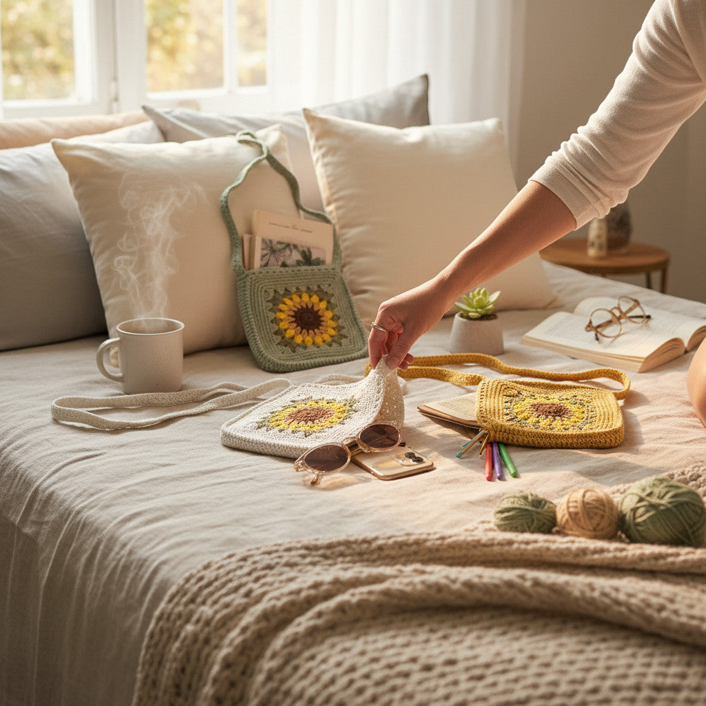 Suzie's Sunshine Dolls handmade crochet sunflower bag in white, yellow, and green. Features a detailed sunflower motif and comfortable strap.
