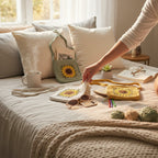 Suzie's Sunshine Dolls handmade crochet sunflower bag in white, yellow, and green. Features a detailed sunflower motif and comfortable strap.